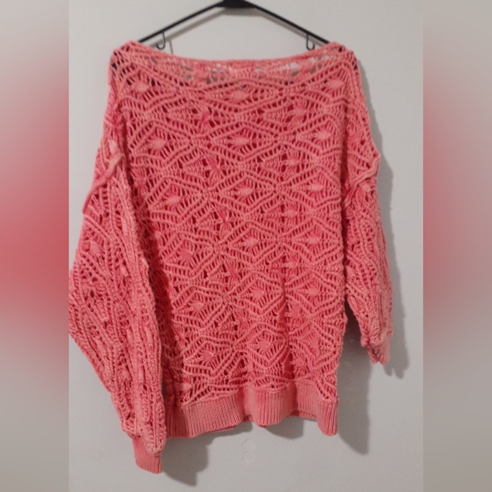 BKE Buckle Off Shoulder Open Knit Crocheted Distressed Wash Sweater  Large